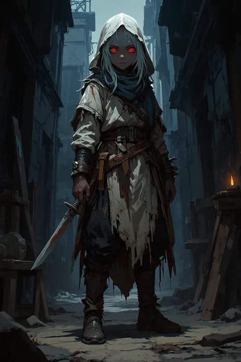 very young elf girl, , , dark gray skin, white hair, shabby street clothes, dirty and torn clothes, scared and sad expression, red eyes, holds small damaged dagger in hand, hood, better quality, better light , best color, dynamic posture, dynamic point of ...