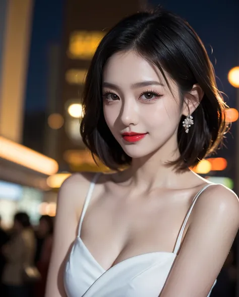 ( surreal ,32K, RAW photo:1.1),( highly detailed skin:1.1), 8K UHD, dslr, High quality,  film grain, (makeup, Mascara:1.1), Clear color correction ,  in their 20s in Korea,Beauty, Short cut,  charming smile, red lips at night,night, suit, Jewelry,Big perky...