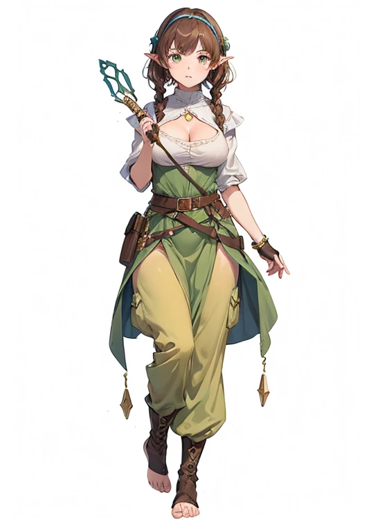 ((best quality))) (((HD))) (((8k))) (character) 20-year-old woman, ((adventurous)), young halfling, elf, short stature and plump, large breasts, (wide hips:1.2), long pointy ears, dark brown hair, medium length and held back with a hair band, long side-ban...