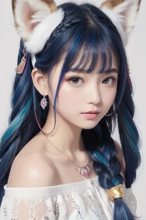 masterpiece,  best quality,  high resolution, (  white background : 1.4), [ glitter], [ is staring at the viewer, portrait, Art by 1 cute Chinese girl ], ( long hair,   blue hair , Wave Curl,   Multi Color Twisted Big Braid: 1.3, Fluffy fox ears, Air Van),...