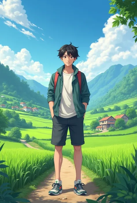 Create a young man named Arin with an optimistic and confident expression in sports shoes and simple clothes with a background of hills and views of the village and green rice fields.