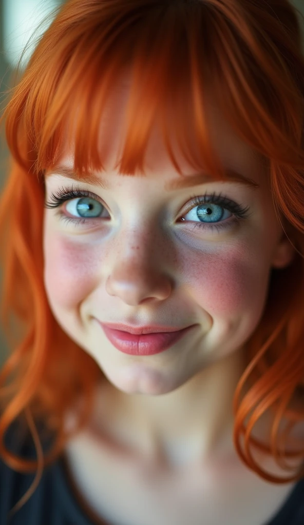 Quais são seus interesses?Close-up of AnyaPetite, an Irish dwarf midget with vibrant red hair and mesmerizing blue eyes that draw you in. Her face is framed by a few strands of her fiery hair, and she's wearing a stylish top that complements her skin and h...