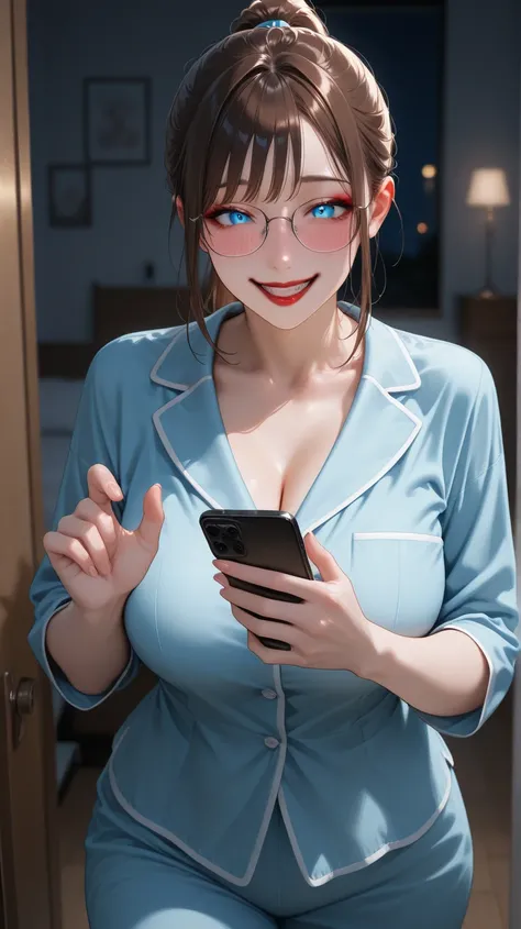 semi-realistic, masterpiece, best quality, detailed face, 1 girl, solo, large breasts, curvy body,
vibrant blue eyes, brown hair, ponytail, makeup, red lips, glasses, holding phone, blushing, creepy smile, happy, white and blue pajamas,
fancy apartment bed...