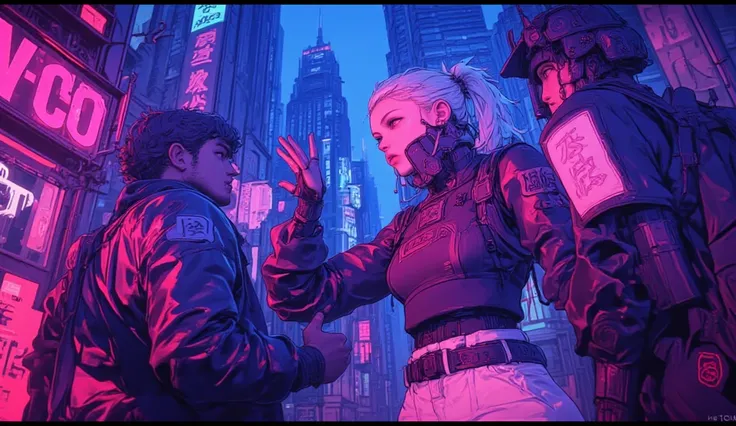  best quality　Ultra delicate　Japanese anime anime　 one pretty girl　Pink light　blue-purple scenery 　 The downtown area of the future　Strong shadows 　 strong contrast 　 cyberpunk　　 provocative expression　 they have an argument going up 