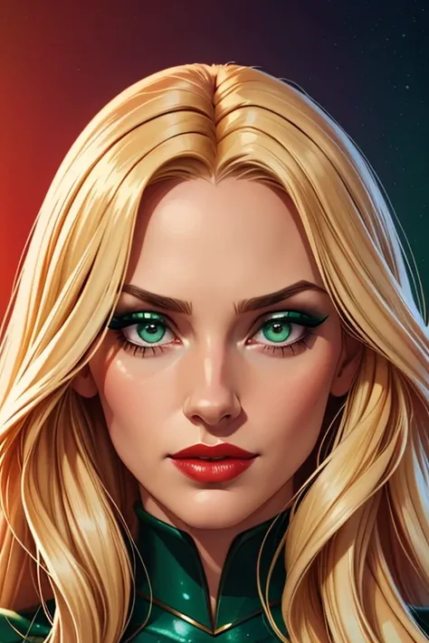 A beautiful woman with long blonde hair and emerald-green eyes. The woman is 26 years old. The woman has lovely makeup on her face. The woman wears red lipstick. Comic-style realism animation mixed with digital painting. Polished and realistic effect. Emph...