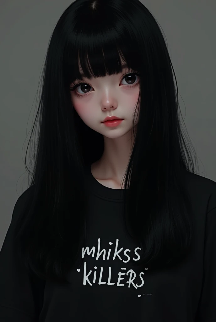  Can u generate a girl that is having a long straight black hair with bangs like Korean bangs and then she's wearing a black t shirt and there's a word in that t shirt saying mhikss killers and the word is written in color white she has a pretty face and t...