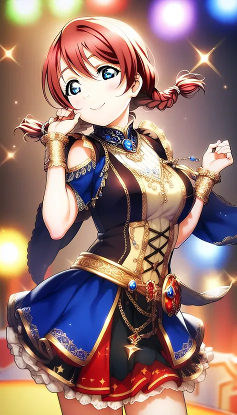 1 girl, emma verde, on stage, love live!, brownish red hair, blue eyes,  cute, detailed, best quality,  mild colors, twin braids,