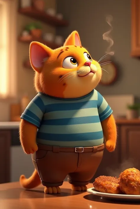 A chubby anthropomorphic orange cat wearing a striped blue shirt and brown pants sniffing the air curiously. The cat stands on its hind legs in a cozy kitchen with a warm light glow. On the counter nearby, a plate of freshly fried chicken emits visible ste...