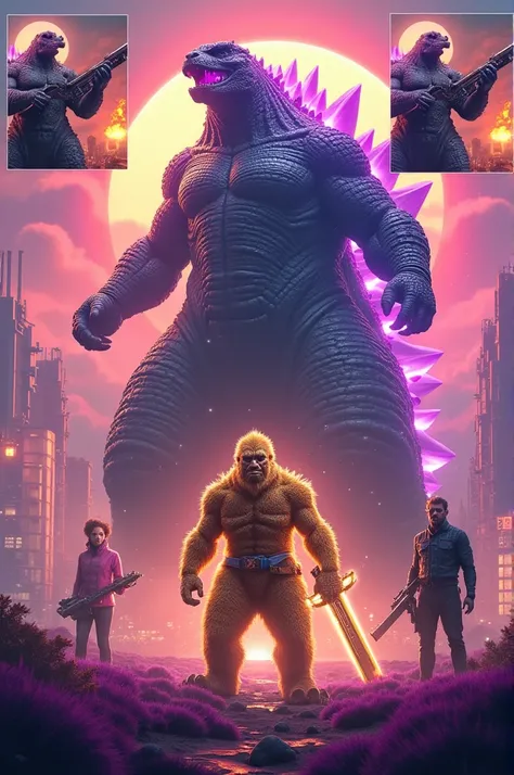  Create an image A scene with Godzilla , kong,  a central fighter with weapons and futuristic items in a vibrant setting .  Godzilla has a brilliant texture with purple neon lights on his back , enquanto kong está iluminado por uma aura dourada,  holding a...