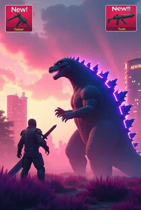  Create an image A scene with Godzilla , kong,  a central fighter with weapons and futuristic items in a vibrant setting .  Godzilla has a brilliant texture with purple neon lights on his back , enquanto kong está iluminado por uma aura dourada,  holding a...