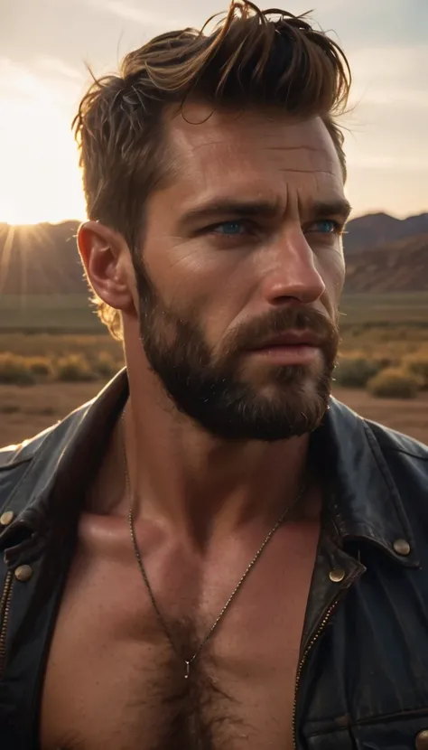  weathered and rugged face, intense gaze, scruffy beard, furrowed brow, rugged cowboy hat casting dramatic shadows, worn leather jacket with intricate details, stubble, individual strands of hair, piercing blue eyes, high-quality textures, Leica 50mm lens,...