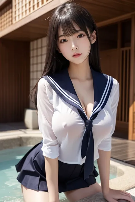 ((   best quality  )), ((Masterpiece)), (   Details),    two high school students standing side by side ,    sexy、   sailor suit 、  Big Breasts 、    black hair、   miniskirt、  beautiful girl 、  Chest 、ネイビーの   sailor suit 、 black knee-highs、 Take a bath in a...