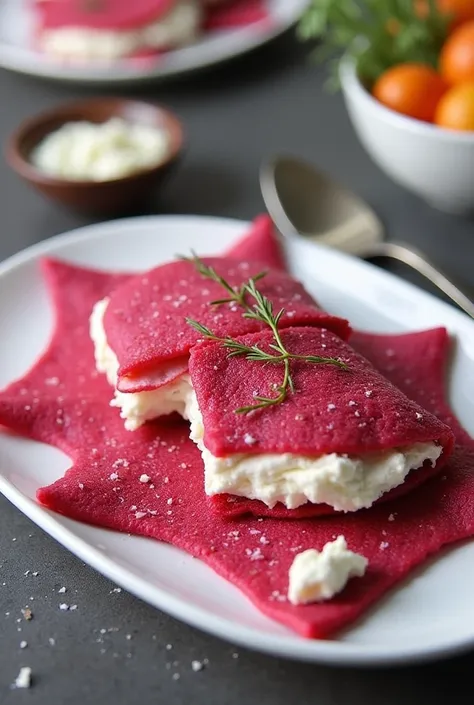  Create an image of the recipe below Recipe 10 :  Beetroot Crackle with Ricotta Filling

Mashed Ricotta Ingredients :

1 ovo

 2 spoons  (Soup)  of tapioca gum

1 spoon  (Soup)  of grated or whipped beetroot  (raw)

 2 spoons  (Soup) 

A pinch of salt and ...