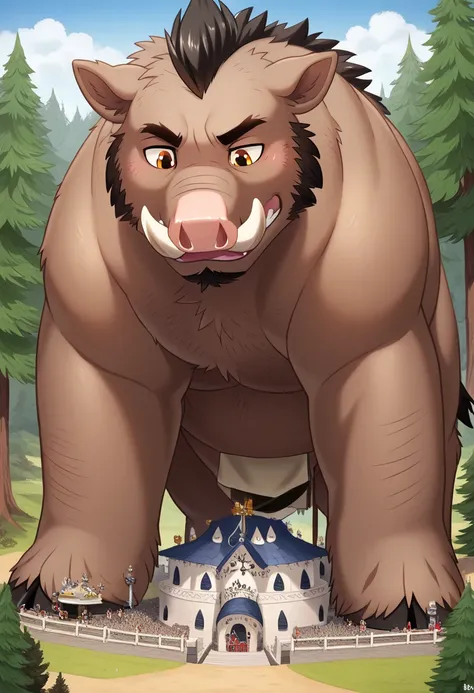 Scribble 1man, detailed, solo, Wild Boar, feral, mischievous and friendly, sadness, mischievous and playful look, feral Wild boar face,humanity(Wild boar),chubby and muscular, strong muscle( black eyebrows :1.1),(perfect eyes), brown fur,（artist:takemoto a...