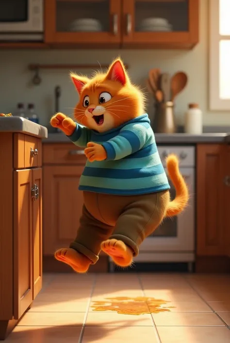 An chubby anthropomorphic orange cat in a striped blue shirt and brown pants awkwardly trying to jump onto a wooden kitchen counter. Its legs slip on a greasy patch on the tiled floor, and its face shows surprise. The background has kitchen utensils, a sin...