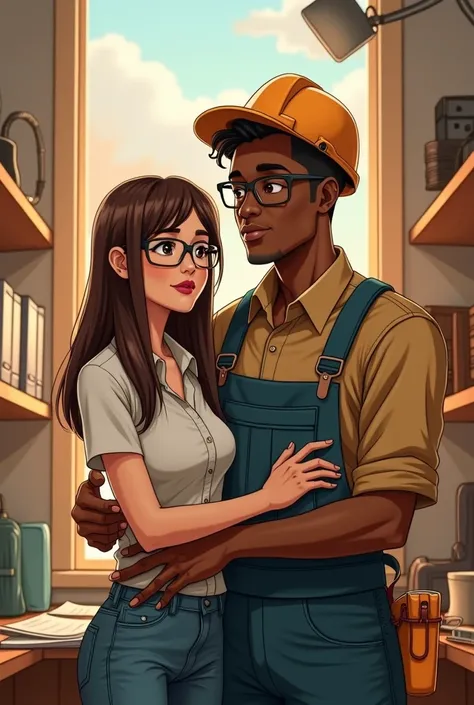 Couple , woman by profession auditor, with glasses, straight brown hair and electrician technician man , brown skin, hull