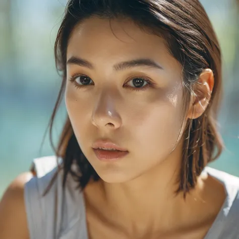 A hyper-realistic image of a single Japanese woman in her early 20s, captured with the nostalgic warmth and subtle graininess of a film camera. Her skin has a warm beige tone with a natural, slightly rough texture that includes visible pores, fine lines, a...