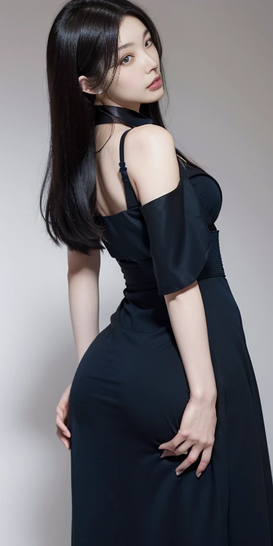  high resolution, , ((( A mature Japanese woman  ))), ((critical))),   long black hair , Tags ,  wide hips ,  thick thighs, Hourglass shape , small, round chest, She looks at the viewer with a sad expression .,  has a huge butt ,  with an hourglass body , ...