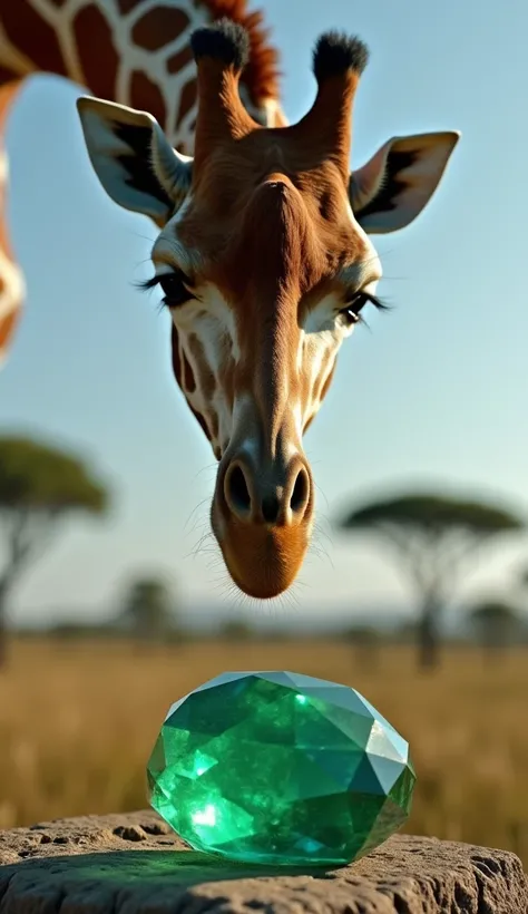 /imagine prompt: A realistic, close-up scene featuring a tall, majestic giraffe intently gazing at a large, vivid green emerald. The giraffe's long neck extends gracefully towards the gemstone, its powerful presence accentuated by the intricate details of ...