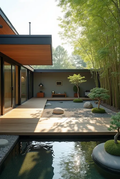 Minimalist Zen Retreat
"A minimalist, Japanese-style home with clean lines and a simple, neutral color palette. The house is surrounded by a peaceful zen garden, featuring raked gravel patterns, smooth stones, and bonsai trees. A wooden deck overlooks a ko...