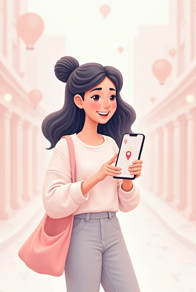 i need image for my ar navigation app like women holding a phone in hand and looking map and go somewhere i need it in animation,  with light pink and white colors