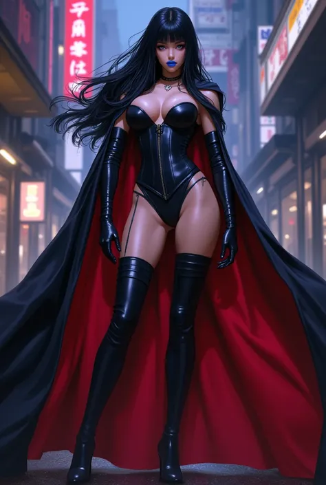 dark queen from battletoads video game, young face, beautiful smile, blue lips, shiny black corset, japanese city setting, cleavage, black cape with red inner lining, long black hair, hair covering right side of face, black opera gloves, long black boots, ...