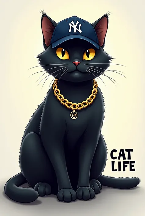 "A stylish and realistic illustration of a black cat sitting confidently, wearing a navy blue Yankees baseball cap tilted slightly to the side. Around its neck, a thick Cuban gold chain shines brightly, reflecting soft light. Below the cat, bold and modern...