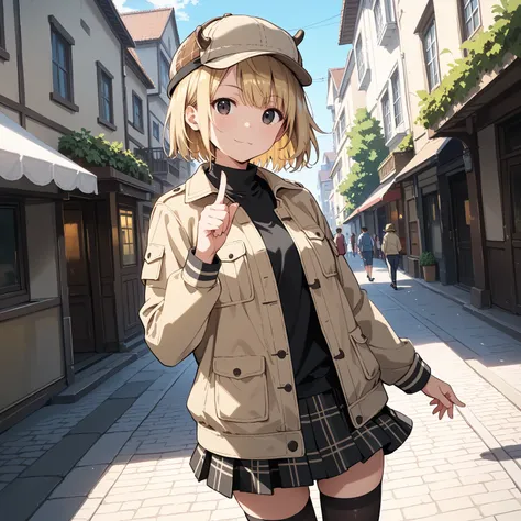 rating_questionable,
(cowboy shot), dutch angle, from lower,
1girl, solo,
ash blonde hair, short bob cut, asymmetrical hair, black eyes,
wearing a beige Cropped Jacket, (deerstalker hat), white under shirt, checkered mini skirt, thighhighs, detailed clothi...