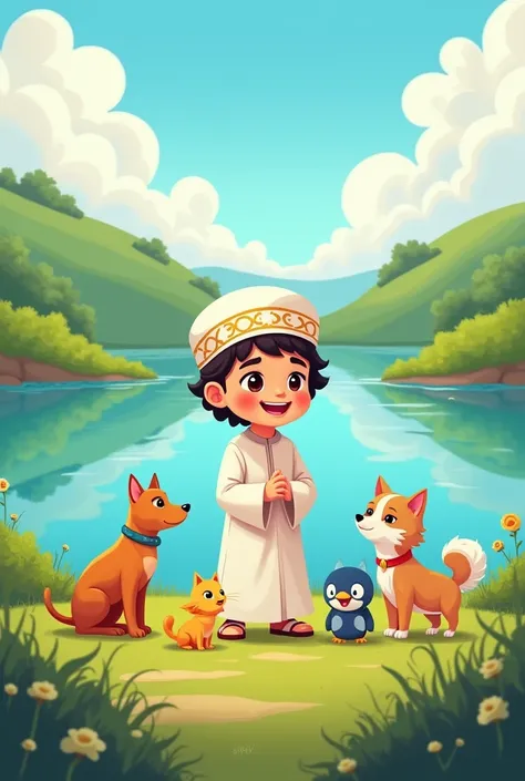 Islamic s cartoon infront of lake with a teacher and pets are playing