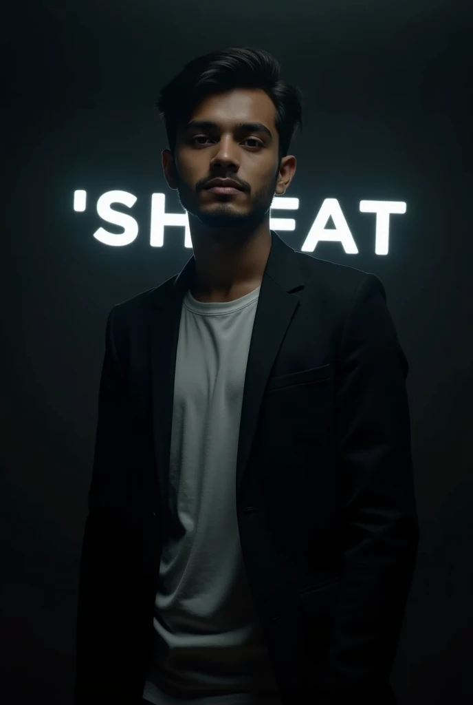 Creat a highly realistic portrait of a 18 years old Bangladeshi boy named 'SHIFAT, standing in a dark room. He is wearing a blackbazer and white shirt.

The lighting should be dramatic, focusing on his handsome face with a light stubble, giving him a rugge...