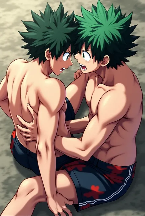 Bakugou Katsuki from My Hero Academia is sitting on the ground holding both legs of Izuku Midoriya and putting his feet in his crotch