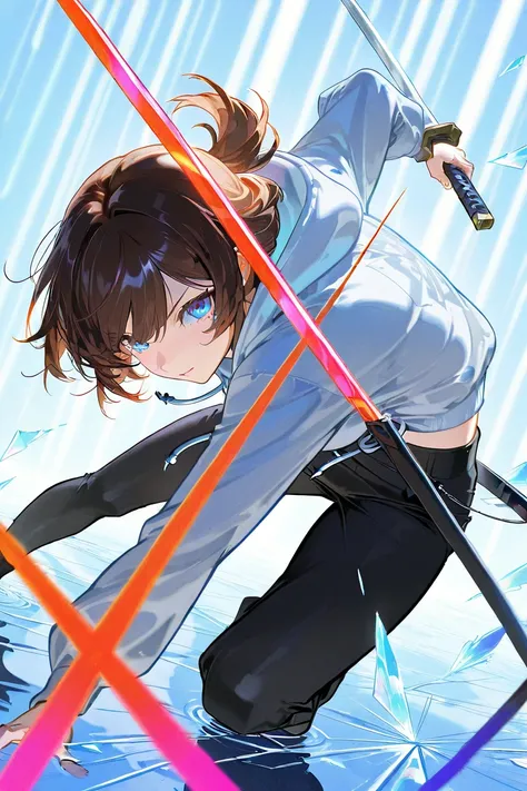 (A stylized anime character in a dramatic pose, inspired by Scissor Seven. Seven, the protagonist, crouches on a reflective icy surface, gripping a glowing katana with intense focus. The background is a shattered, ethereal blue environment with floating sh...