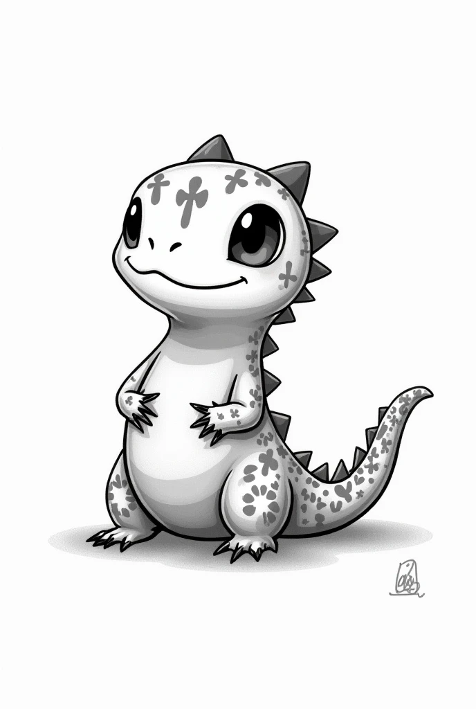 Reptile drawn in black and white, not realistic, very cute with marks on the body 