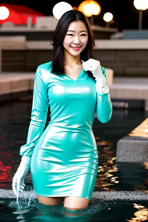 若い女性が着用している ( wet look latex dress worn by young women :1) and ( wet look latex gloves worn by young women:1), Rim lighting,