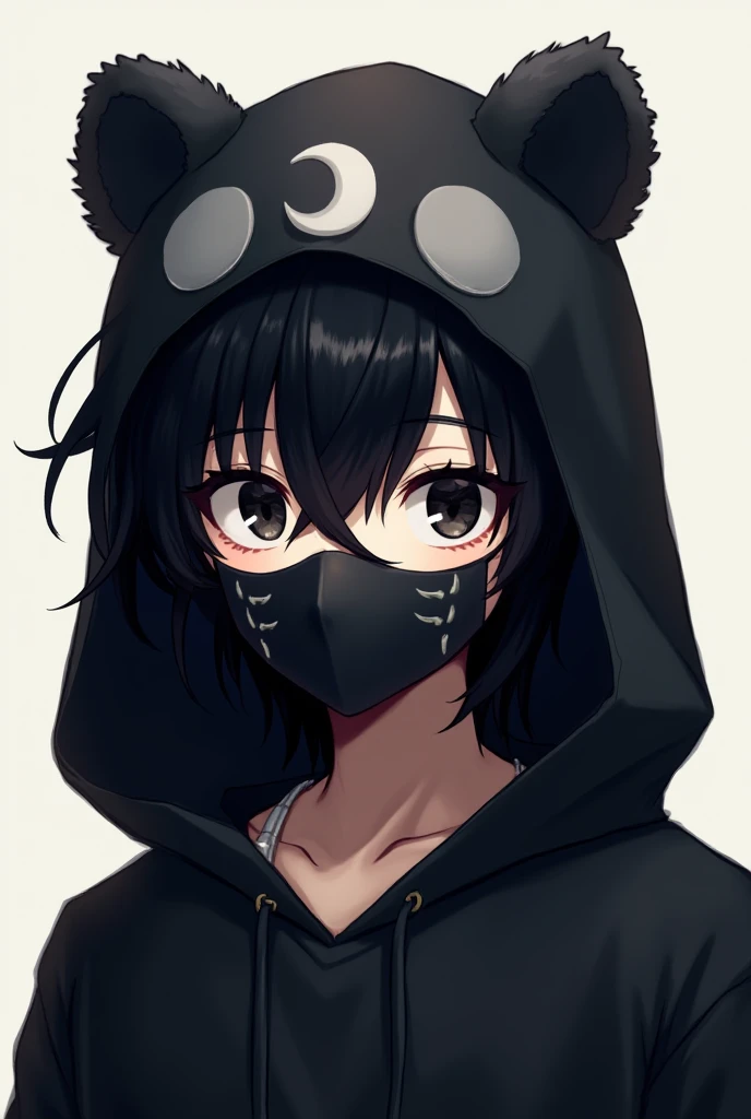  Black-haired anime boy with a hood and the hood has bear ears , He has a camgurera with the logo of a moon ,  and on his face he has a mask that covers his entire face and where his eyes go he has ripped black eyes and pale skin 