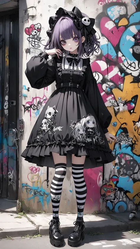  Tim Burton's style、  Gothic Lolita 、 striped knee-high socks、graffiti、