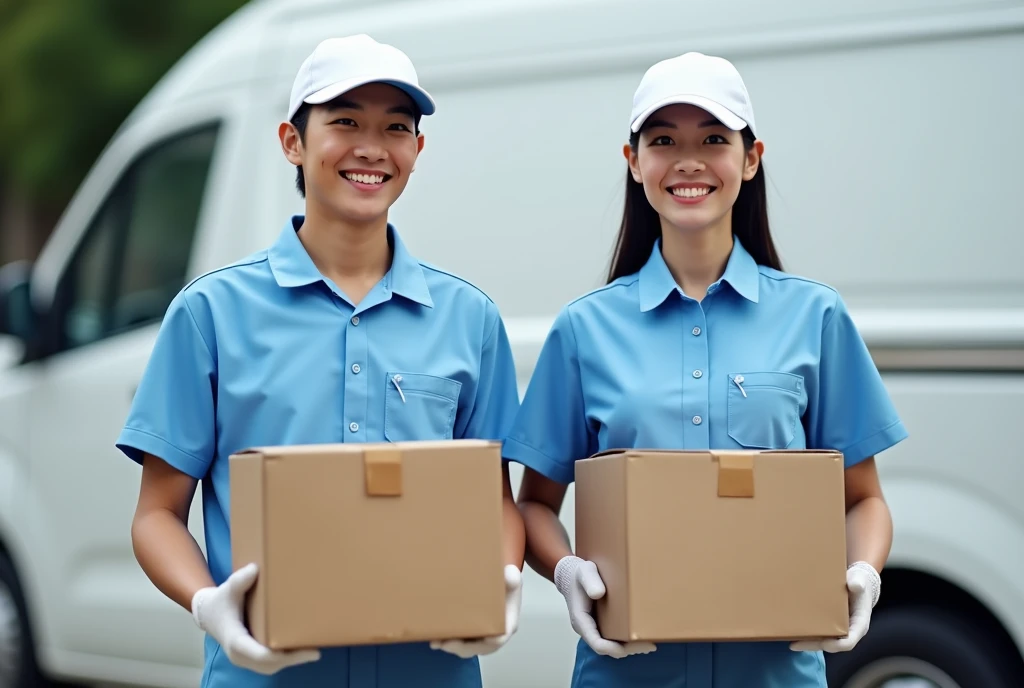 Photorealistic image of two Japanese delivery workers standing in front of a delivery van. They are wearing blue uniforms with white caps and gloves, holding cardboard boxes in their hands. The uniforms have visible shirt pockets and neatly tucked collars....