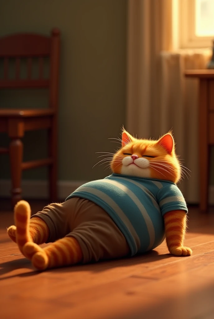 The chubby anthropomorphic orange cat wearing a striped blue shirt and brown pant, dramatically lying on its back on a wooden floor, pretending to faint. Its striped blue shirt and brown pants are slightly wrinkled, and its eyes are half-closed as if seeki...