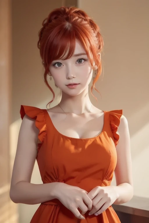 ( embarrassing), Red Hair,  orange hair, WeriArt style,  1 girl, ,  upper body,  Highly detailed eyes , employment, clavicle,   ruffle dress,  open your mouth