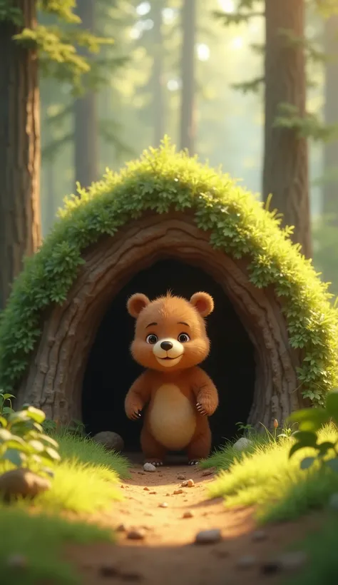 Cute little brown bear walks outside of its cozy den into the forest, morning lighting, HD, Smooth Disney Style 3D Animation, From Outside