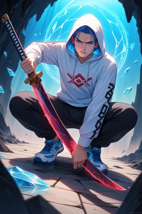 (A stylized anime character in a dramatic pose, inspired by Scissor Seven. Seven, the protagonist, crouches on a reflective icy surface, gripping a glowing katana with intense focus. The background is a shattered, ethereal blue environment with floating sh...