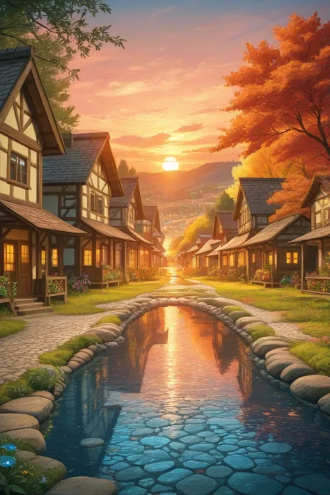 a small village by the river, mountains in the background, floral flowers colorful, detailed landscape, Beautiful natural landscapes, atmospheric lighting, scorching sunset, warm colours, practical, photopractical, Detailed Foliage, complex buildings, cobb...