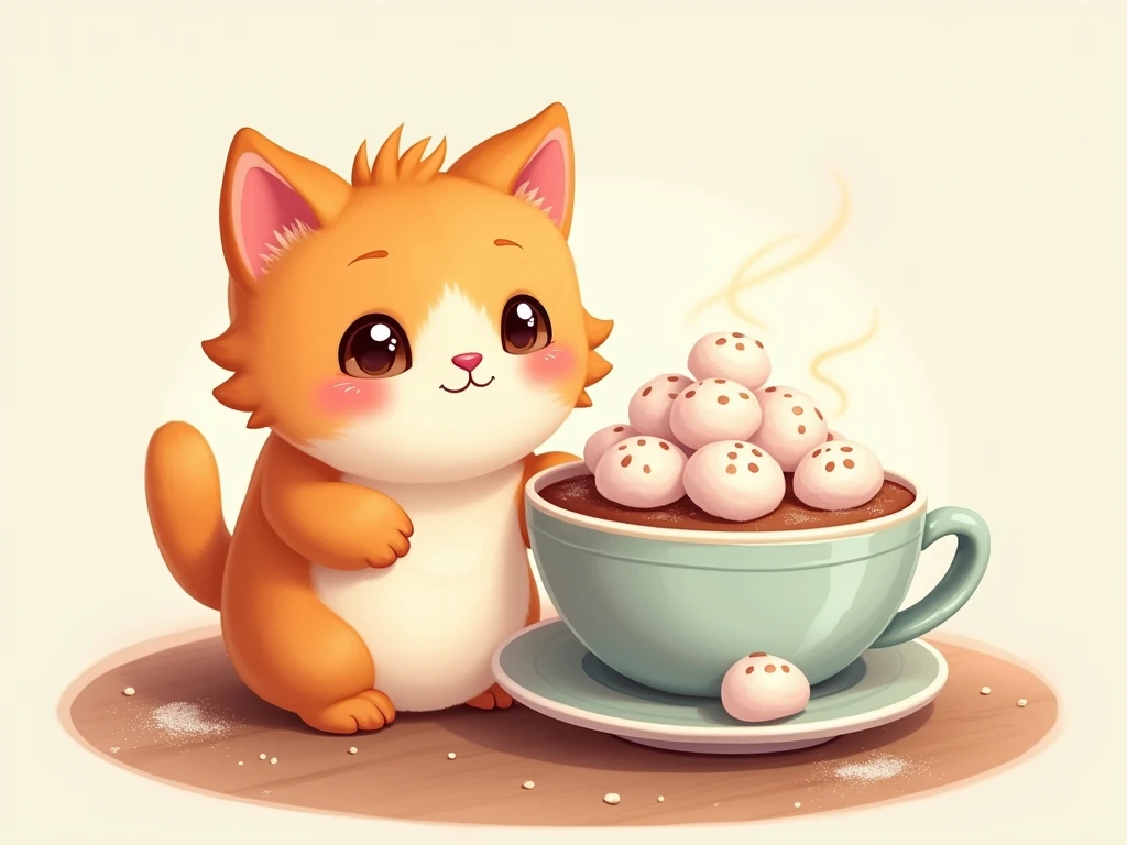 a vibrant, whimsical illustration of a adorable kawaii cat with large, shining eyes, fluffy orange fur, and pink nose, standing next to a steaming cup of hot cocoa adorned with whipped cream and three to five marshmallows floating on top, placed on a woode...