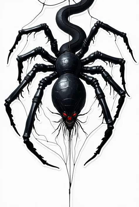 Crea una araña black , fused with the head of a snake,  ultra realistic , black,  coming down from its web ,  white background, style stencil ,  style sticker , style anime.