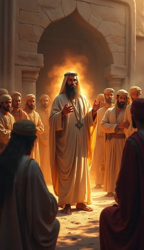 A dramatic scene of Prophet Salih (peace be upon him) addressing the Thamud in front of their stone homes. His glowing figure stands in contrast to the people’s skeptical expressions. Some look thoughtful, while others seem defiant, symbolizing their mixed...