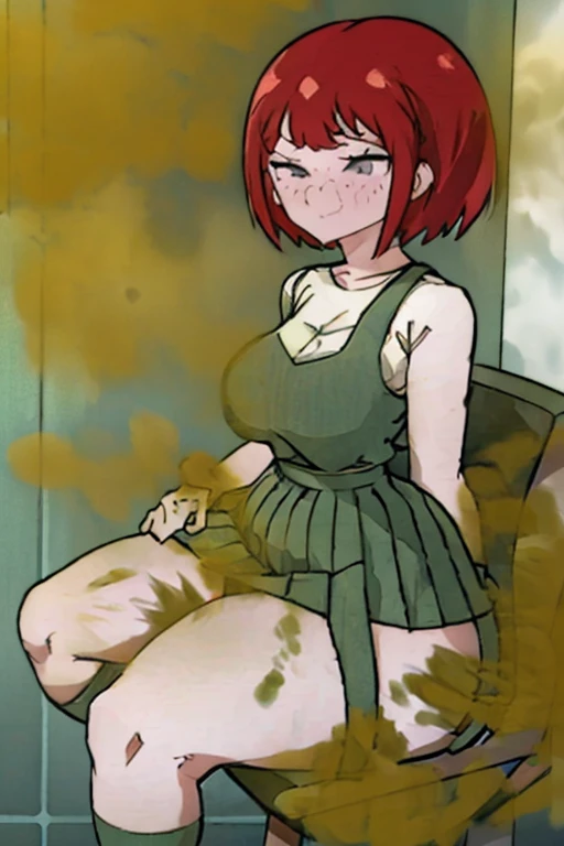 Alone,  a girl, tall woman, Red hair, Ojos rojos,  hair bangs ,  short hair, Shimmering, green fitted t-shirt,  short green skirt , green socks,  WITHOUT UNDERWEAR , massive fart , massive diarrhea , farts, blush, grab tits,  Eyes Closed,  clench your teet...