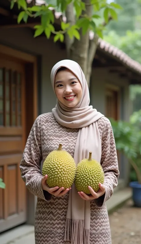  A beautiful Korean woman wearing a hijab wearing a zigzak patterned outfit set style , is in a courtyard of a simple wooden house , cheerful smile with cute pose ,Each of his hands holds a giant durian,  next to her there are several trees with bushy frui...