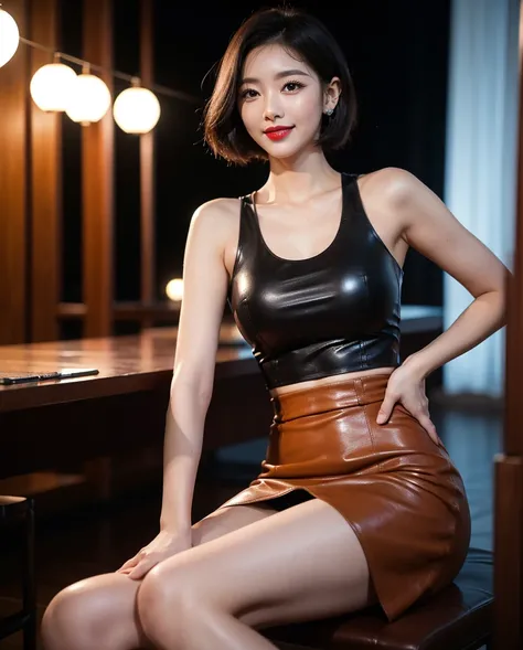 ( surreal ,32K, RAW photo:1.1),( highly detailed skin:1.1), 8K UHD, dslr, High quality,  film grain, (makeup, Mascara:1.1), Clear color correction ,  in their 20s in Korea,Beauty, Short cut,  charming smile, red lips at night, leather skirt, Jewelry,Big pe...