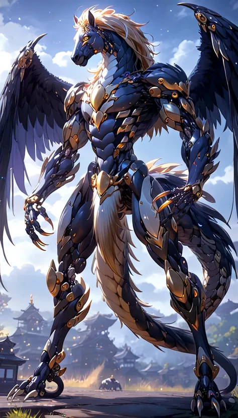  cyber chimera。mechanical。Steel Body 。 Cyber Lion 、Snake&#39;s Tail、Both wings、A horse has 4 legs。 monster 。mechanical化。composite animal 。 metal skin。mechanicalの目。