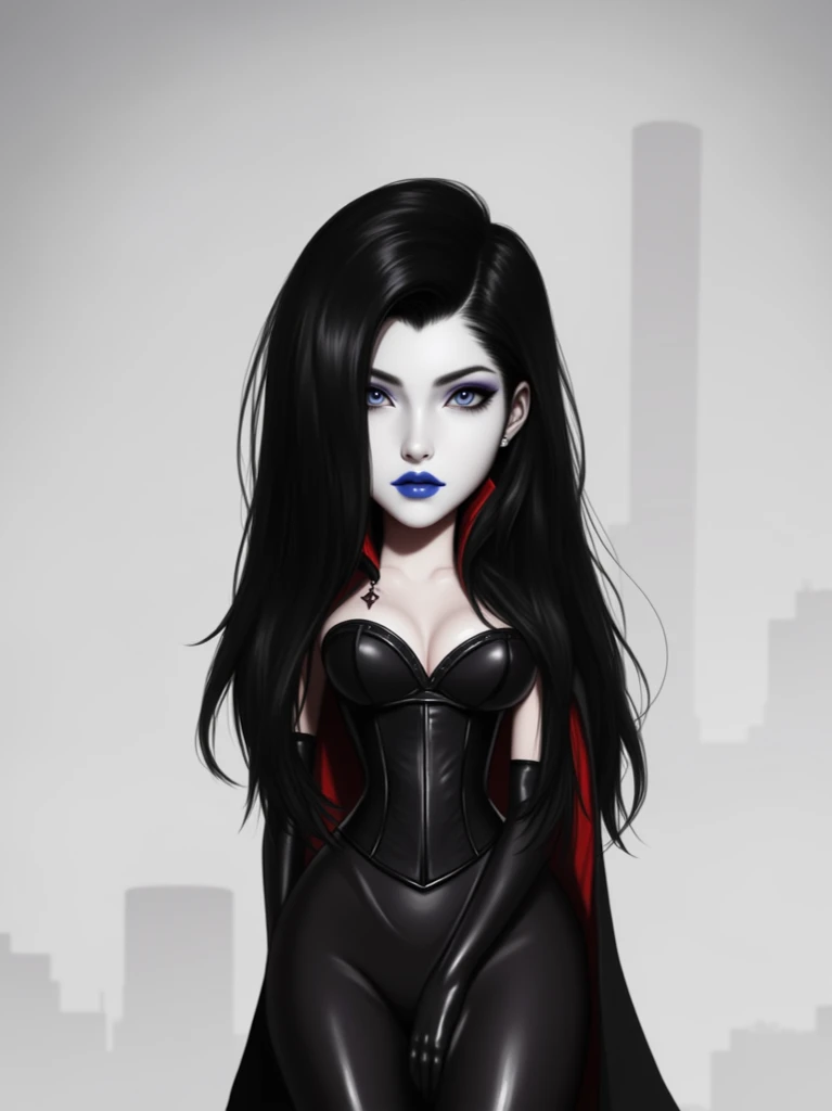 dark queen from battletoads video game, young face, beautiful smile, blue lips, shiny black corset, japanese city setting, cleavage, black cape with red inner lining, long black hair, hair covering right side of face, black opera gloves, long black boots, ...